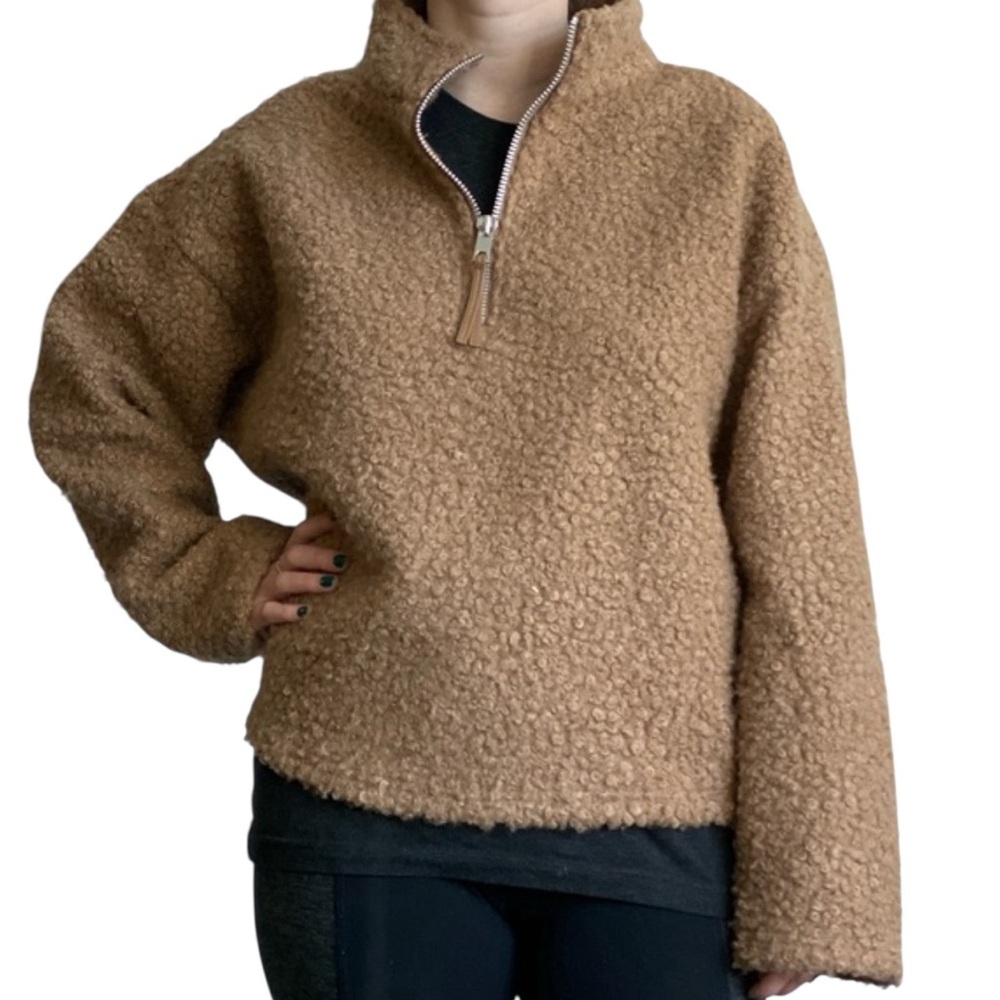 ZARA Curly Fleece Sherpa Oversized Sweater Brown Tan Medium 1/2 zip Pullover
